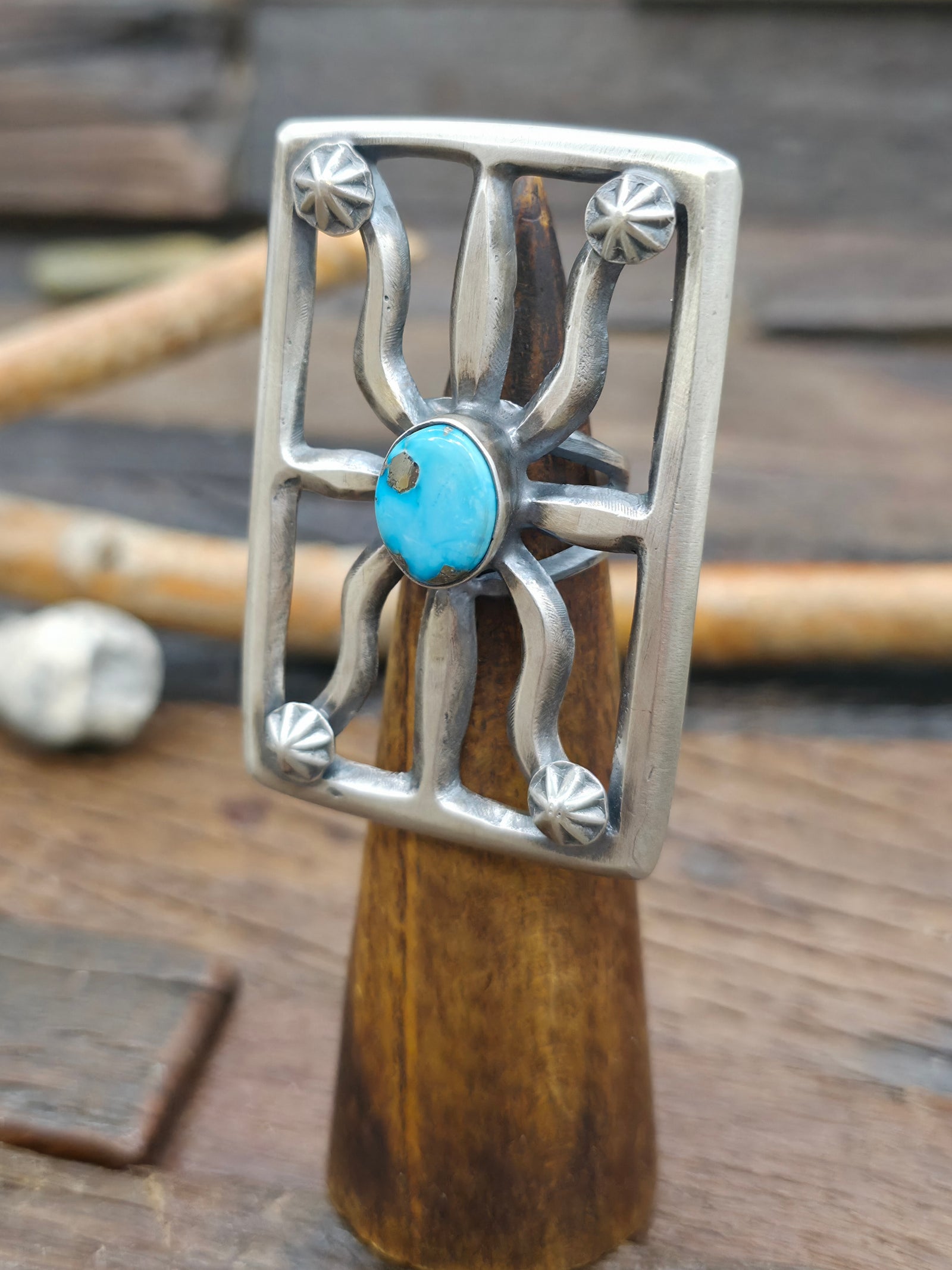 Chimney Butte Cast Sterling Silver Turquoise Statement Ring - Size 6 1/2
