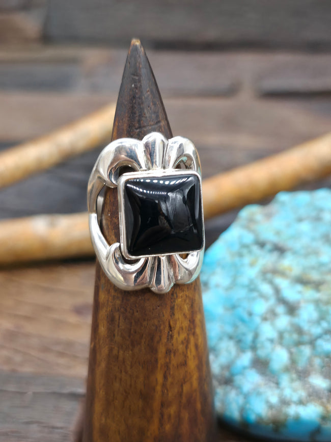 Cast Sterling Silver Onyx Ring by Kevin Yazzie - Size 9