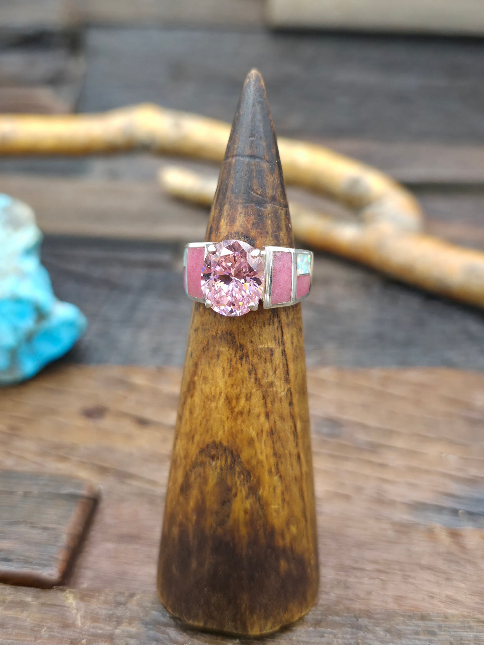 Wide Sterling Silver Pink Zirconium Ring with Rose Quarts and Lab Opal Inlay - Size 8 1/2