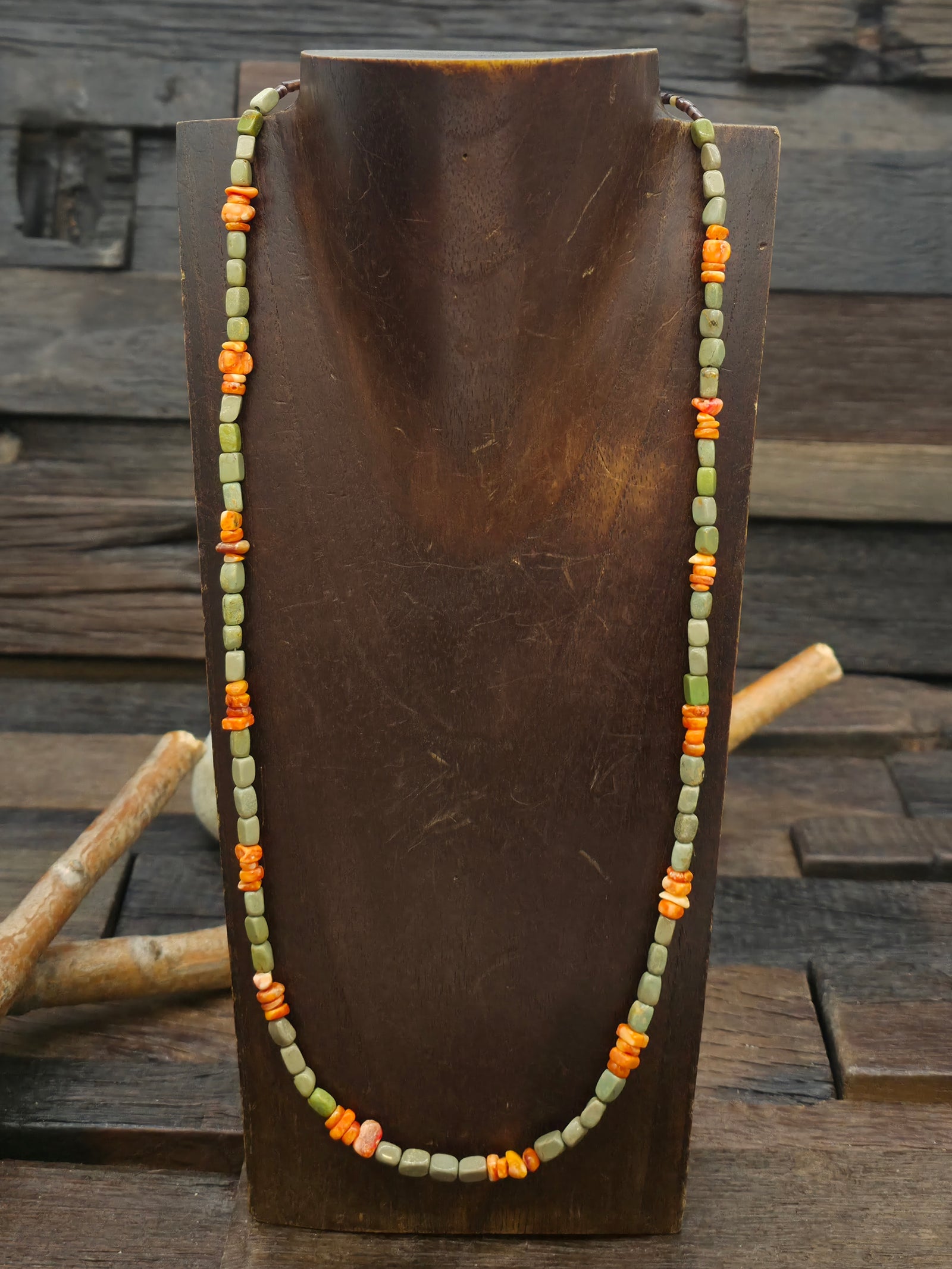 Heishi, Green Turquoise, and Orange Spiny Oyster Necklace - 24 in.
