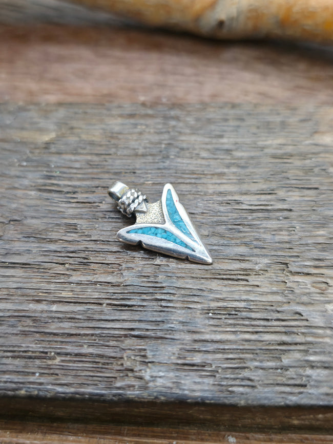 Mini Sterling Silver Turquoise Chip Inlay Arrowhead Pendant - NON NATIVE MADE 7/8 in. by 1/2 in.