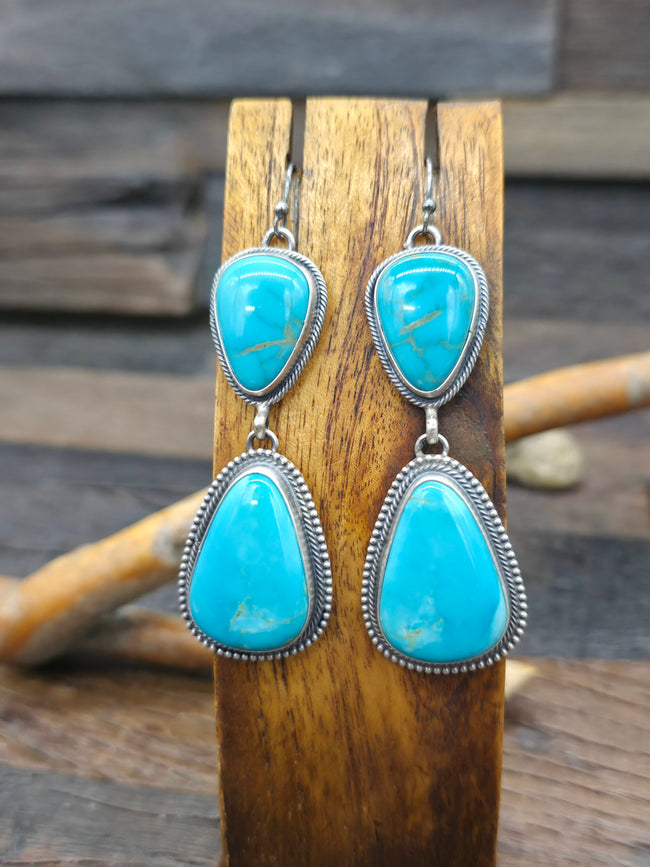 Two Stone Blue Armenian Turquoise Sterling Silver Earrings by Darrin Livingston - 3 in. by 1 in.