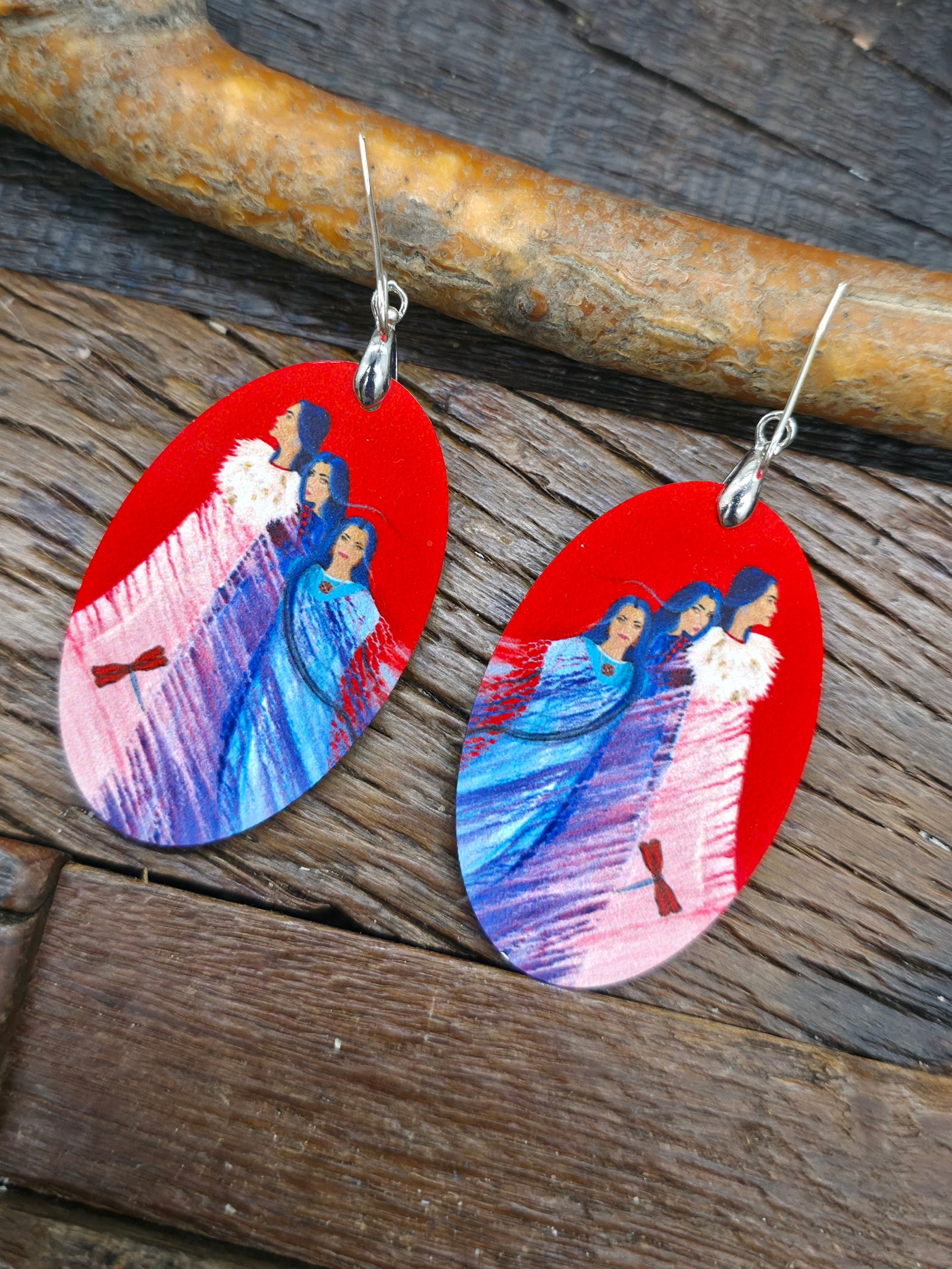 Art Earrings by Bill and Tracy Rabbit - Three Women with Dragonfly