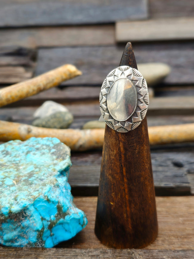 Oval Stamped Coin Silver Ring - Size 5 - STAMP WORK VARIES