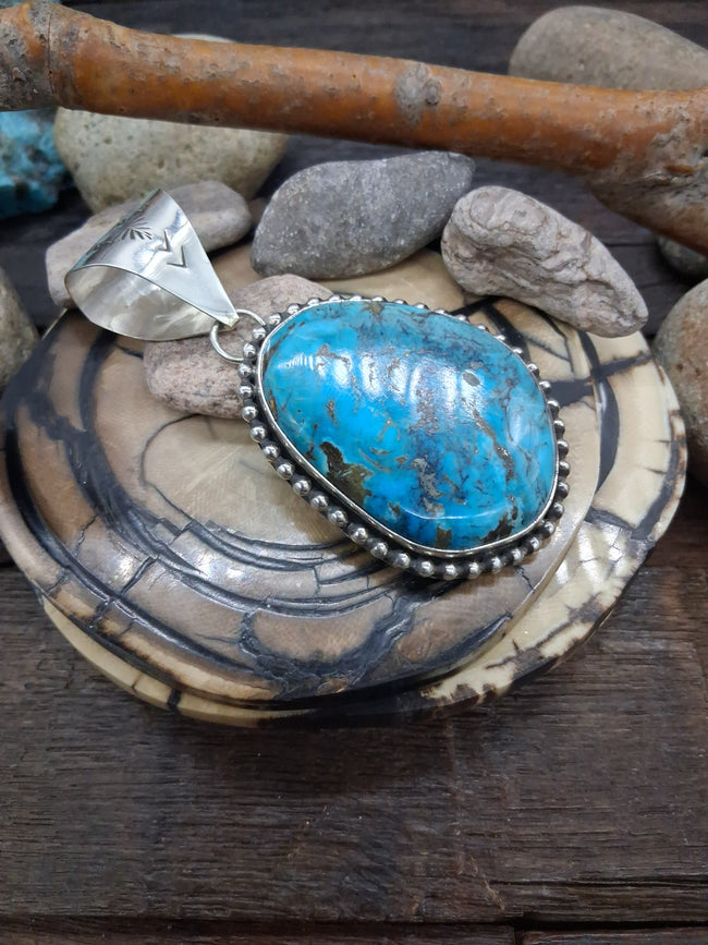 Sterling Silver Kingman Turquoise Raindrop Border Pendant 2 1/4" by Leonard Platero