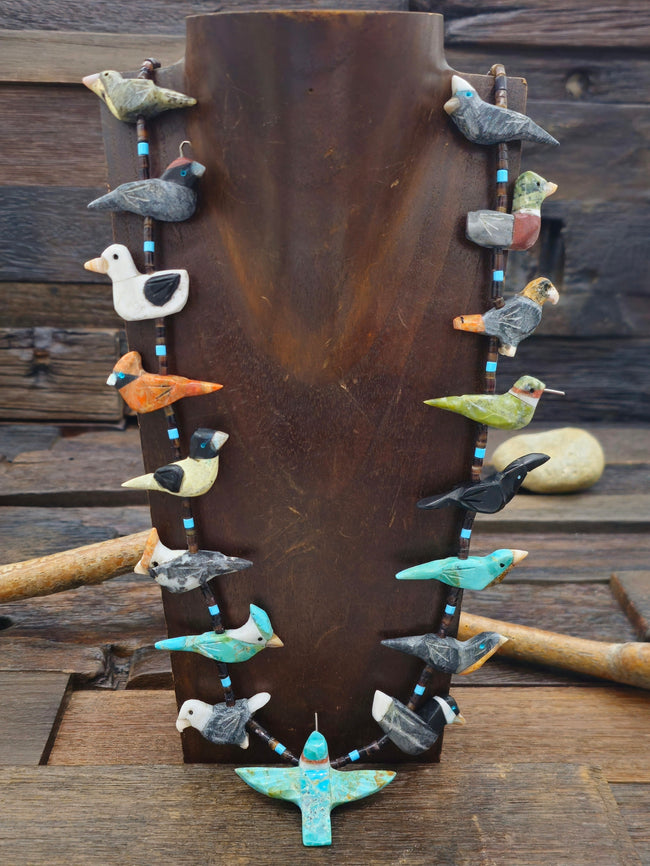 17 Bird Multistone Necklace with Brown Heishi and Turquoise Hummingbird by Matt Mitchell - 30 in.