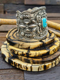 Blue Gem Turquoise and Repousse Sterling Silver Bracelet by Dean Sandoval 7 in