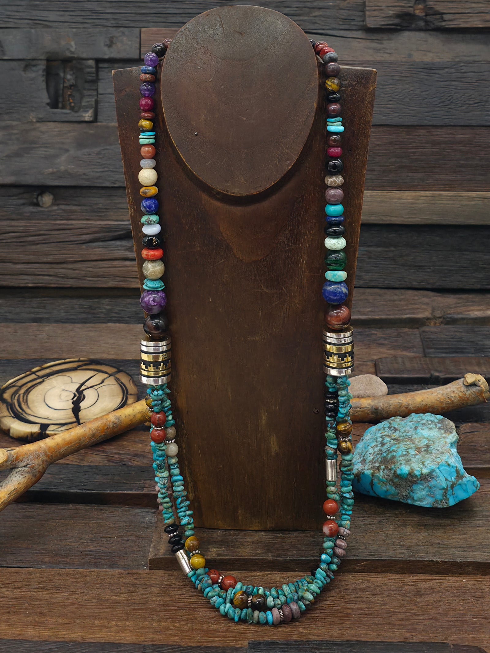 Three Strand Turquoise, Mixed Stone and Sterling Silver Necklace by Rose Singer - 30 in.