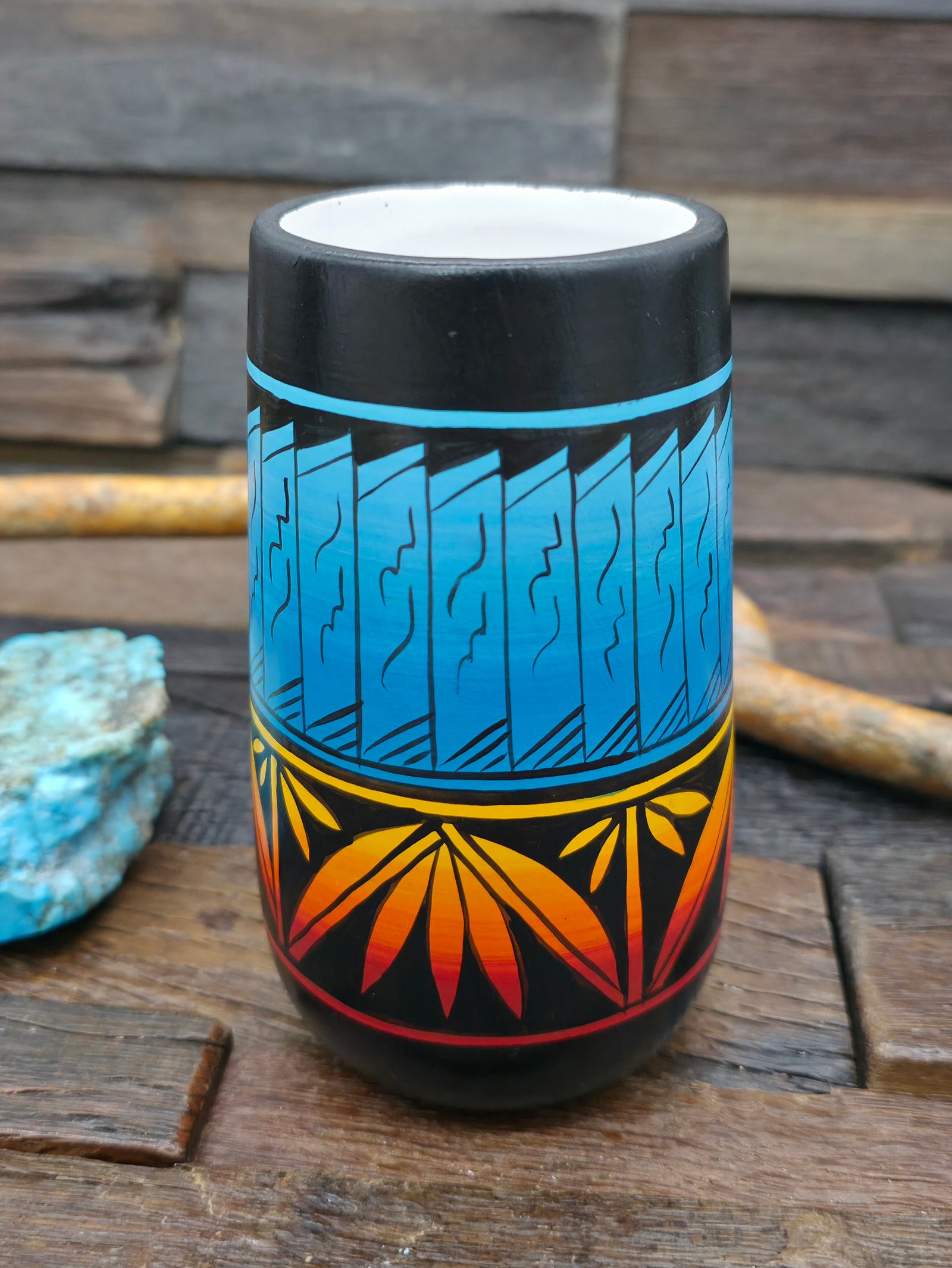 Tall White Clay Rainbow and Black Vase by Andy Tsosie - 5 in. by 2 1/2 in. by 3 in.