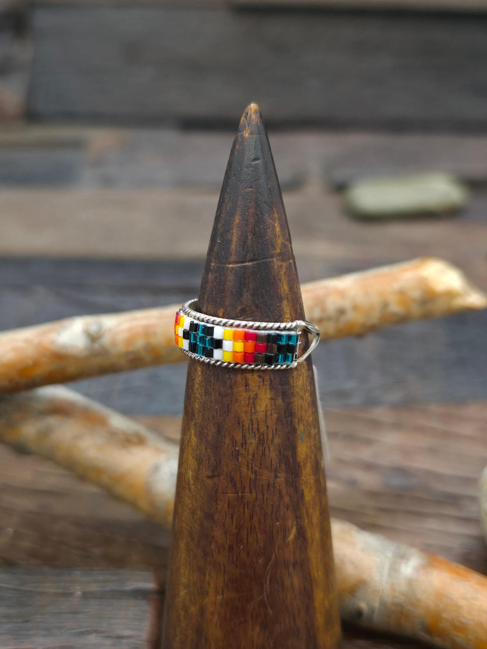 Sterling Silver and Beadwork Ring by Lucille Ramone - Size 8.5