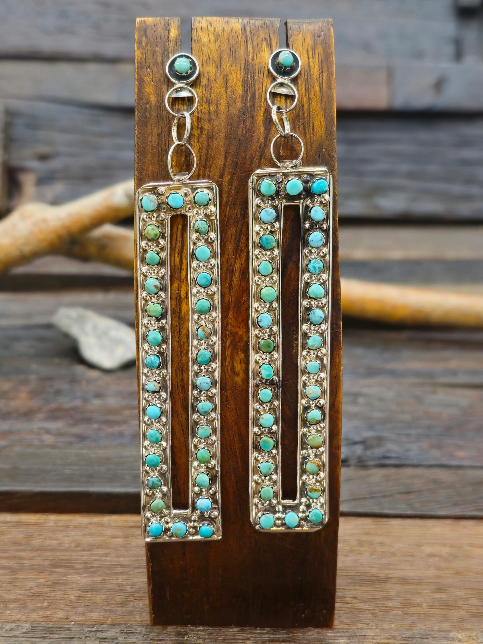 Long Sterling Silver Turquoise Snake Eye Earrings by Joann Cheama