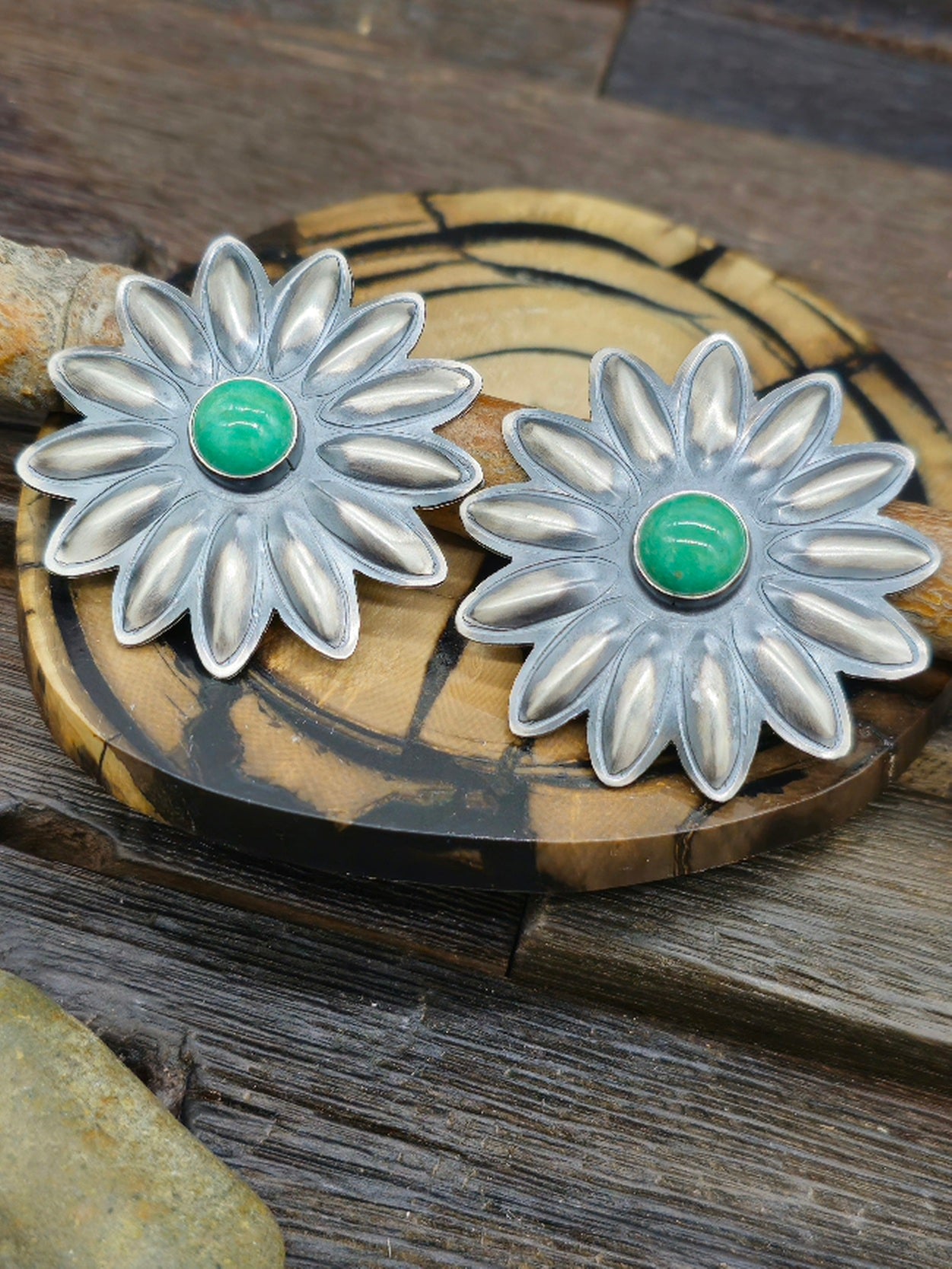Sterling Silver Concha with Green Turquoise Post Earrings by Robert Johnson
