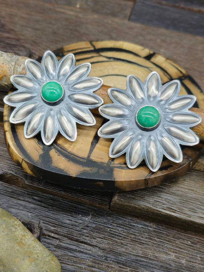 Sterling Silver Concha with Green Turquoise Post Earrings by Robert Johnson