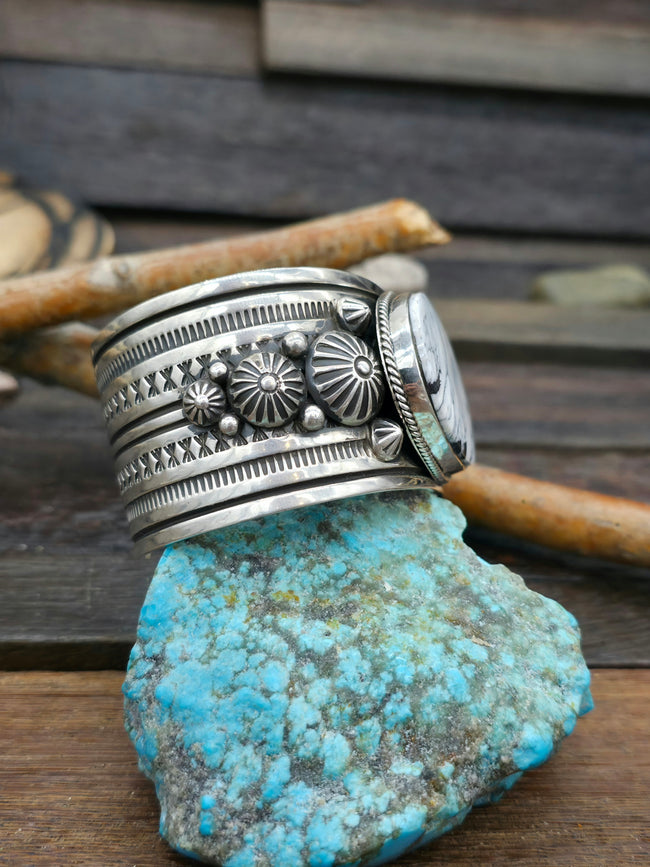 Stamped Sterling Silver and White Buffalo Cuff - 8 in.