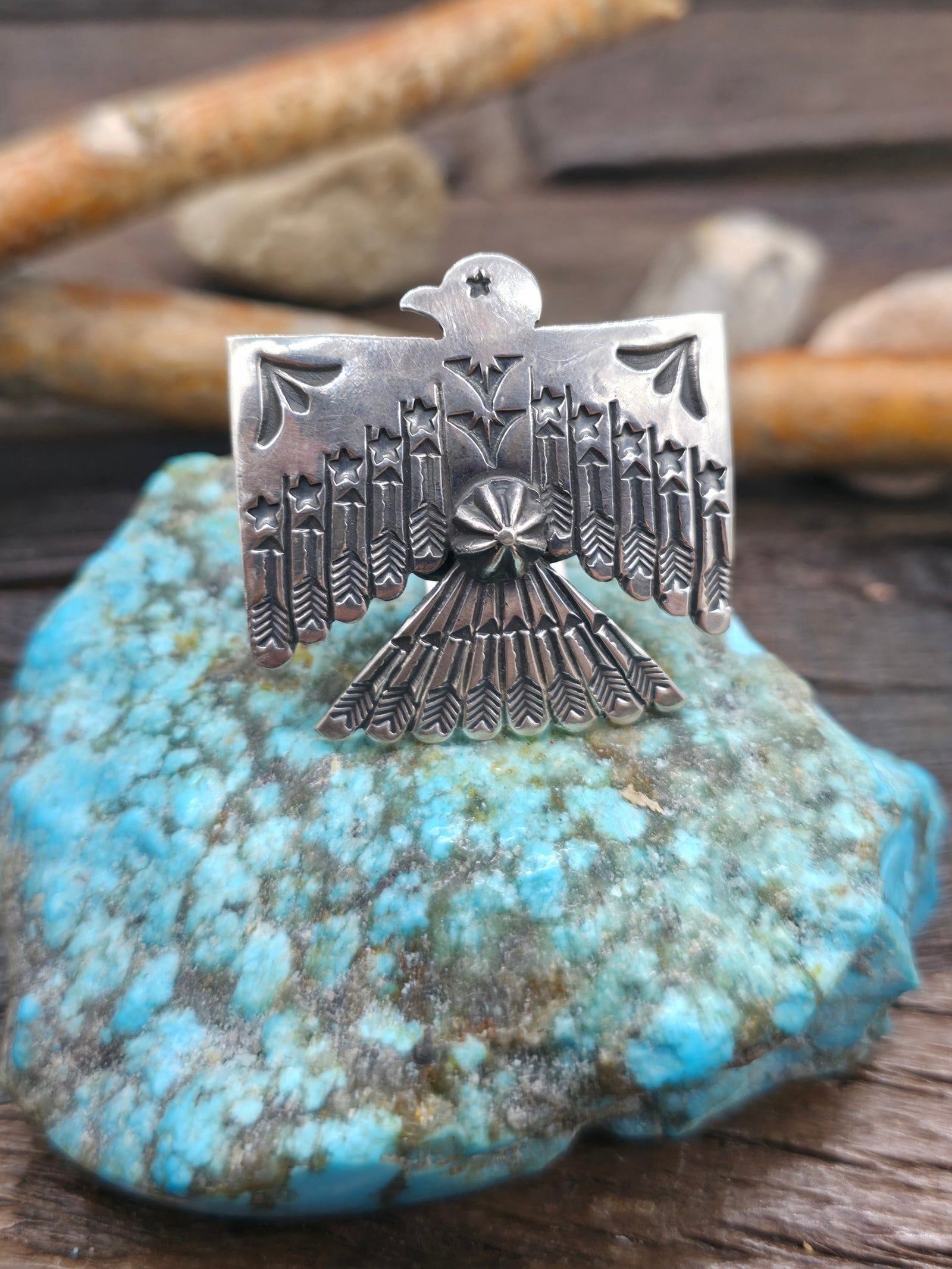 Stamped Sterling Silver Thunderbird Ring by Sunshine Reeves - Stars and Arrows - Adjustable