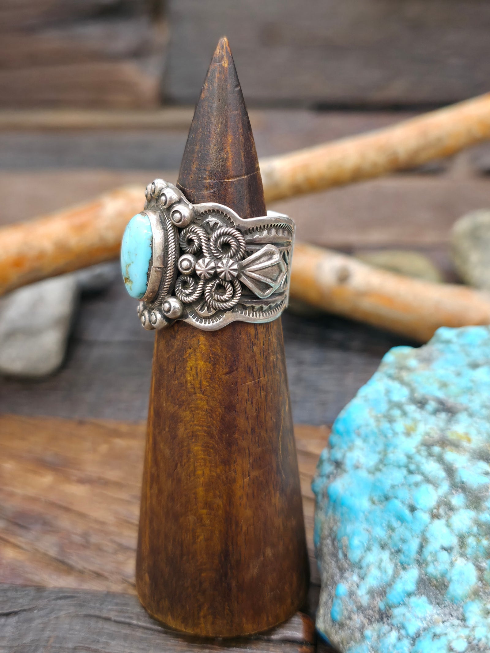 Stamped Sterling Silver and Turquoise Wide Band Ring by Darrell Cadman - Size 10.5