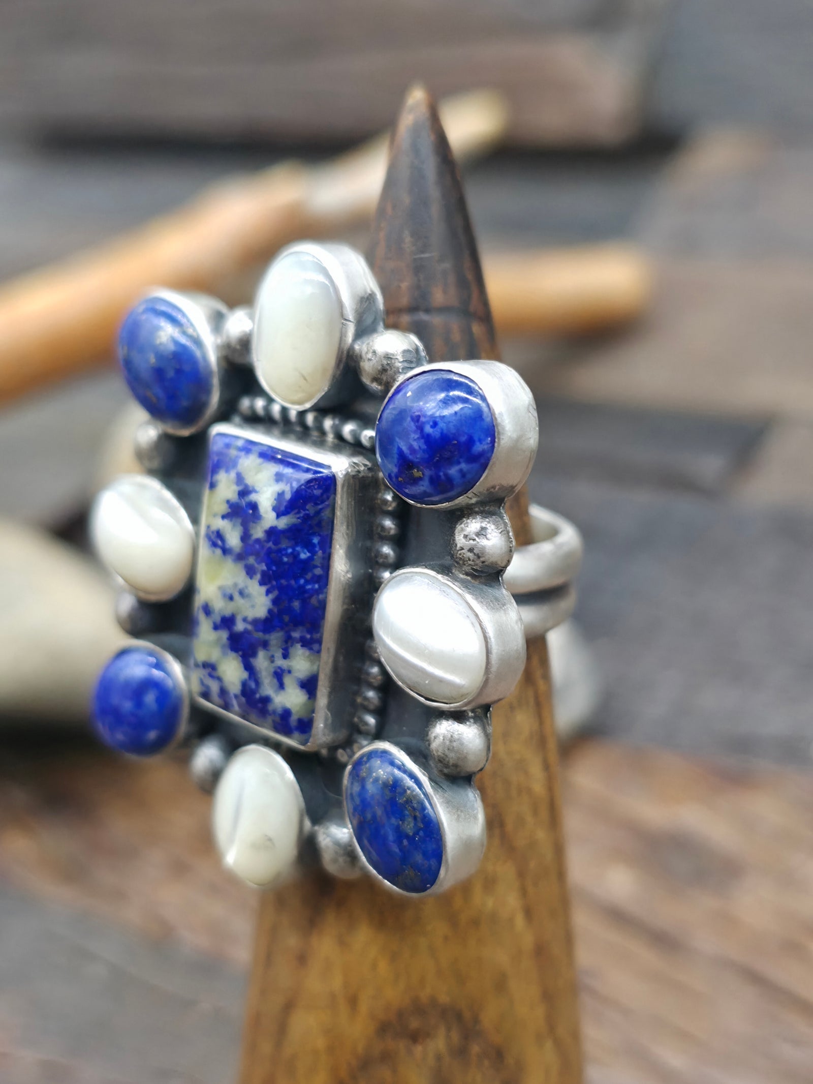 Sterling Silver Lapis and Mother of Pearl Cluster Ring by Randall Enditto - Adjustable