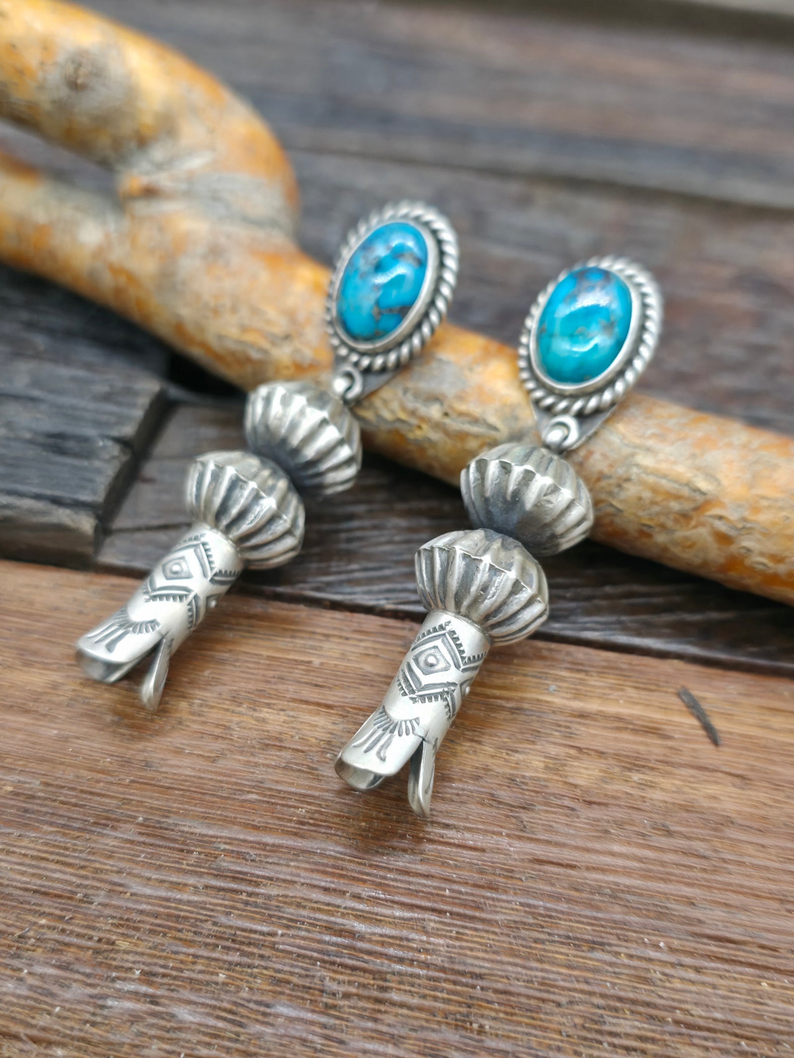 Sterling Silver Turquoise Squash Blossom Dangle Earrings by Chris Hale (2 3/4") Navajo
