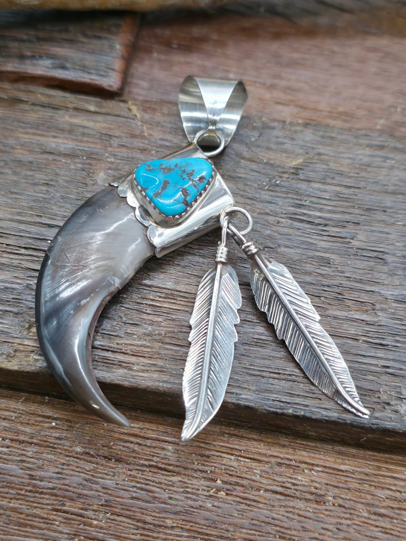 Turquoise, Bear Claw, and Sterling Silver Feather Pendant by Ernest Hawthorne - 2 1/2 in. by 5/8 in.