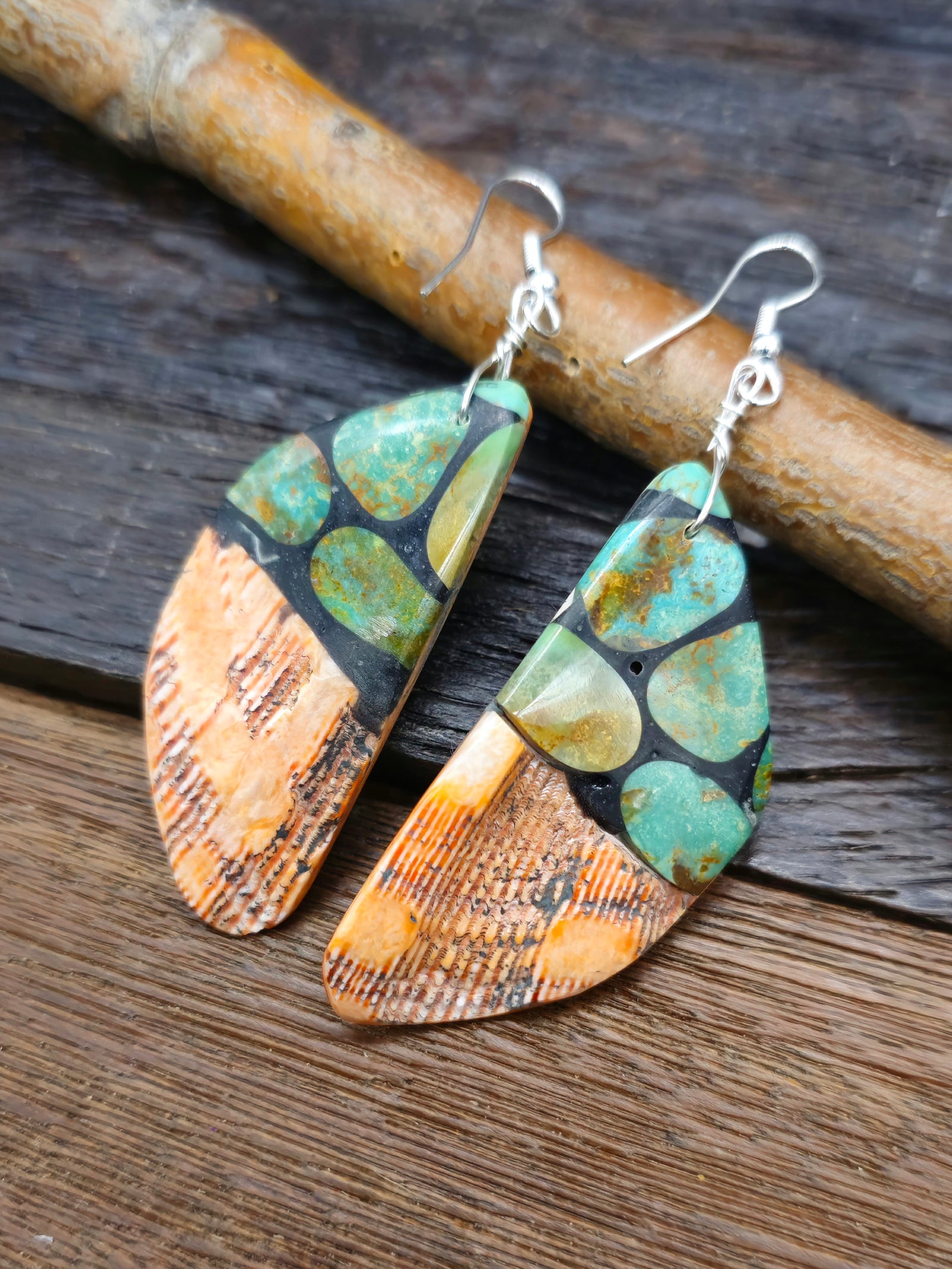 Turquoise, Jet, and Spiny Mosaic Inlay Earrings by Daniel Coriz