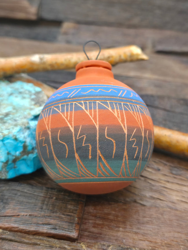 Navajo Etched Christmas Ornament Bauble by Viveca Tsosie - Red