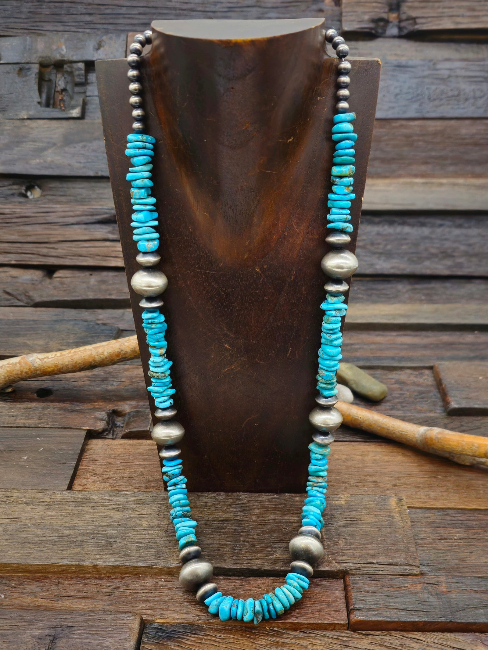 Blue Turquoise and Sterling Silver Bead Necklace - 26 in.