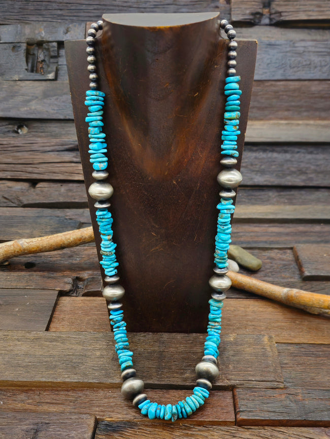 Blue Turquoise and Sterling Silver Bead Necklace - 26 in.