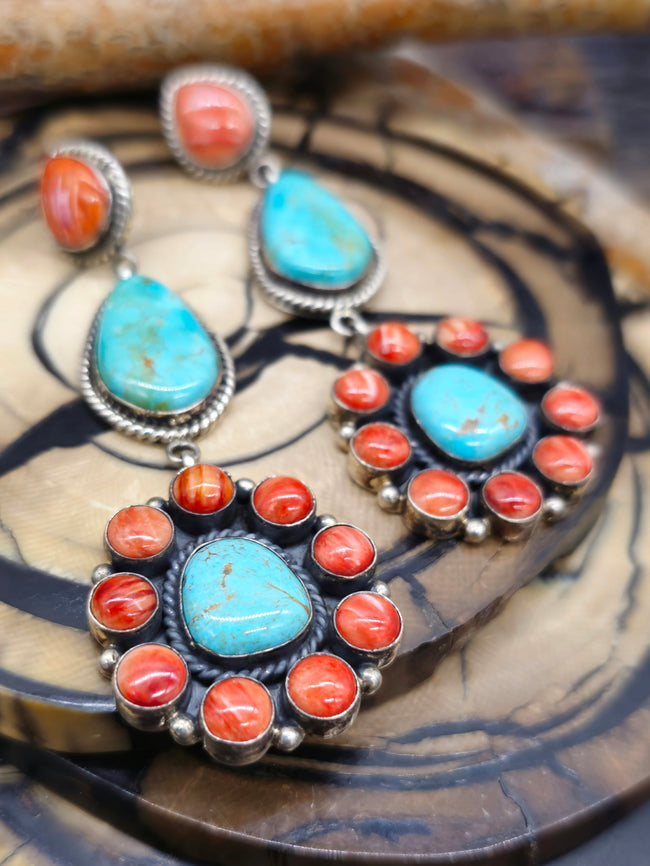 Turquoise and Spiny Oyster Cluster Earrings by E. Wylie
