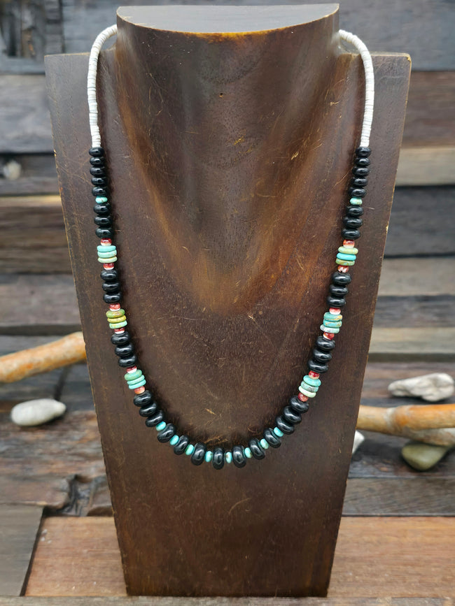 Turquoise, Jet, and Spiny Oyster Necklace - 19 in.