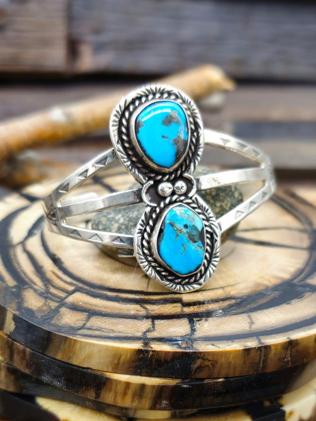 Vintage/Estate Two Stone Turquoise Stamped Sterling Silver Cuff