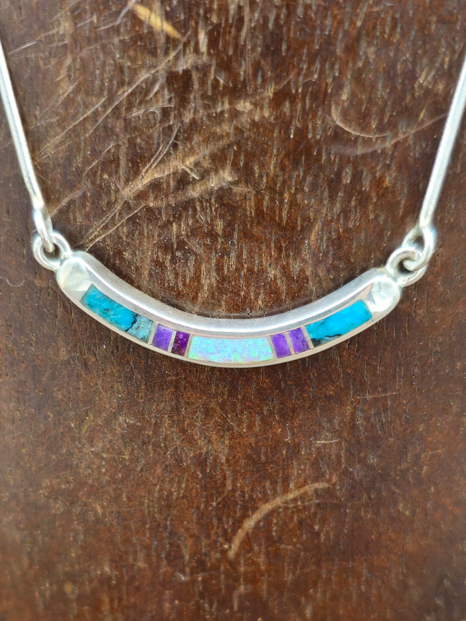 Turquoise, Sugilite, and Opal Sterling Silver Bar Necklace - 18 in