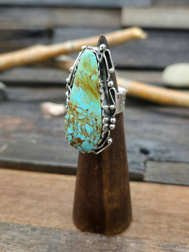 Large Turquoise and Sterling Silver Leaf Ring by Jimmy Garcia - Size 8