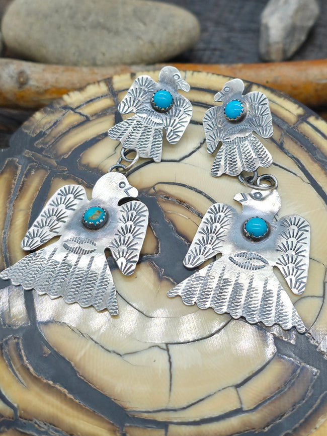 Sterling Silver & Blue Turquoise Thunderbird Earrings by Gabrielle Yazzie