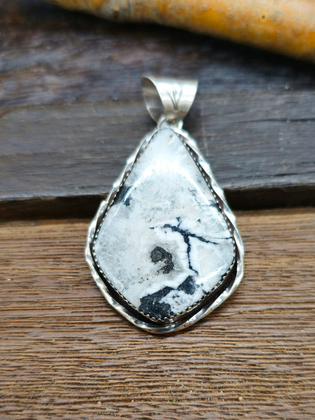 Sterling Silver White Buffalo Pendant with Stamped Bail