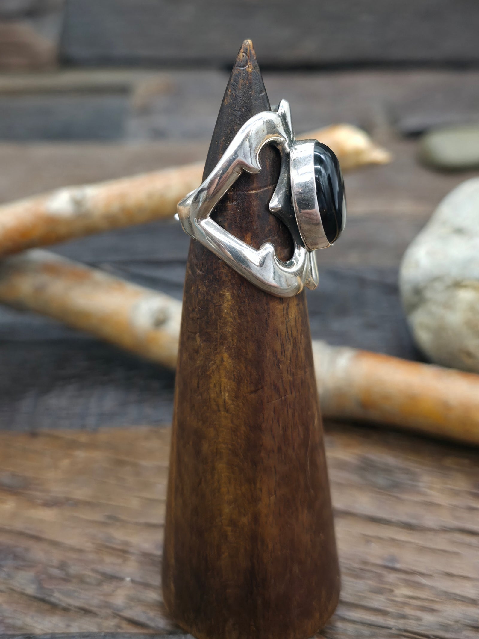 Cast Sterling Silver Onyx Ring by Kevin Yazzie - Size 6