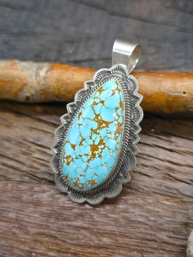Stamped Sterling Silver #8 Turquoise Pendant by Andy Cadman - 2 1/4 in. by 1 1/4 in.