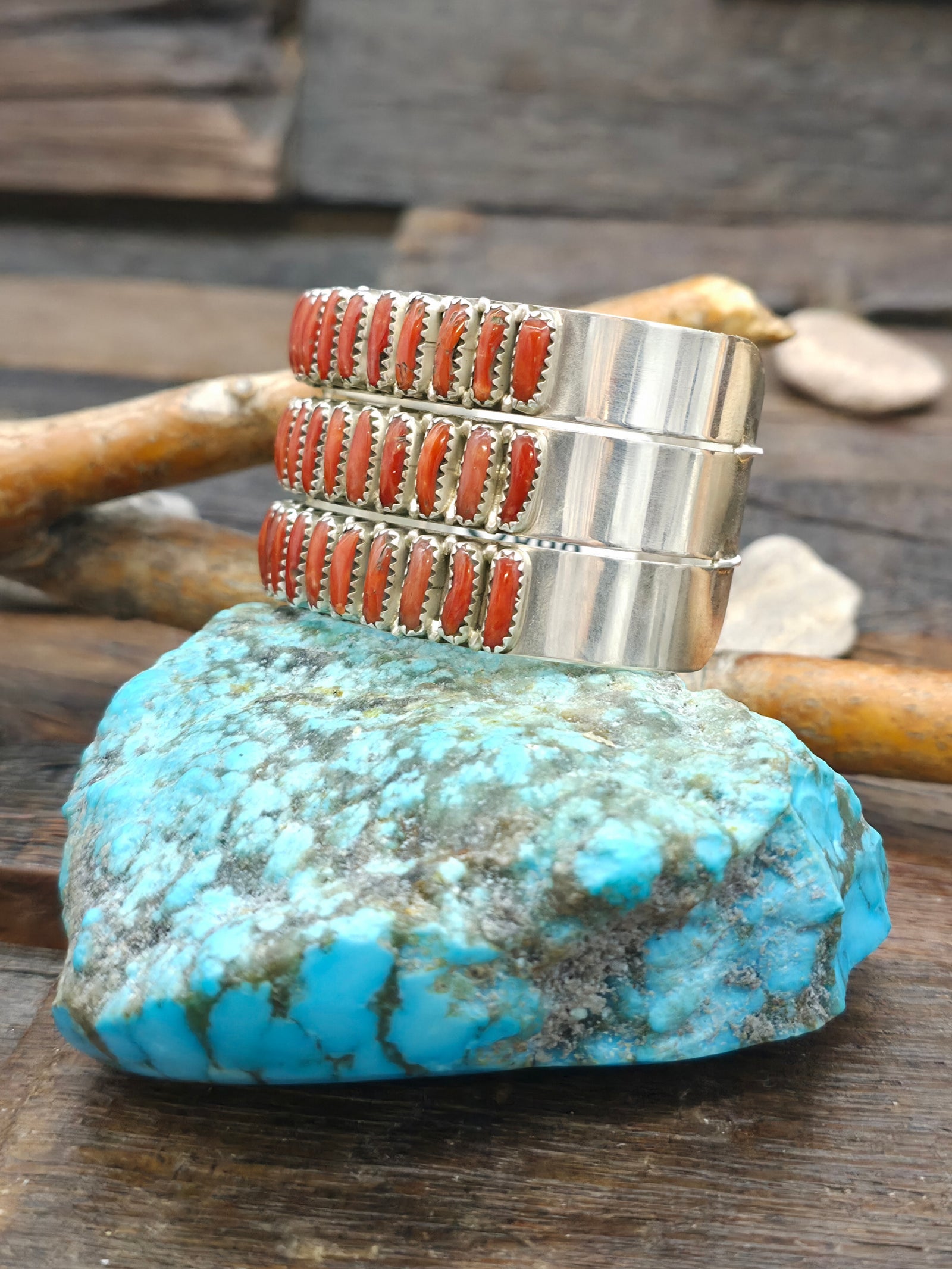 Three Row Sterling Silver Coral Bracelet by E. Wilson - 7 in. with Gap