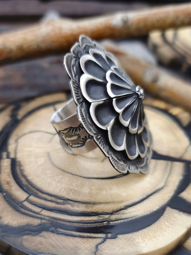 Adjustable Stamped Sterling Silver Ring by Leander Tahe