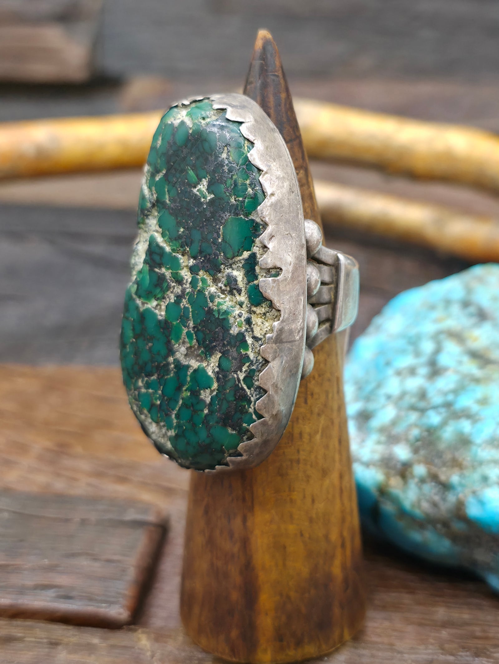 Vintage/Estate Sterling Silver Green Turquoise Statement Ring, Circa 1960s - Size 10