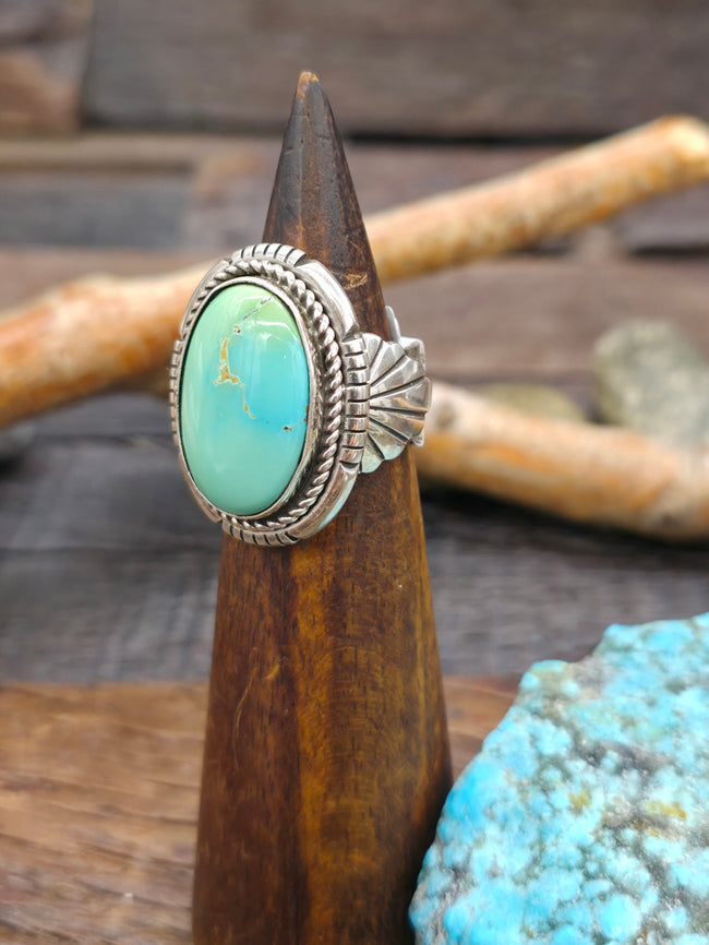 Sterling Silver and Green Turquoise Ring by Delbert Vandever - Size 9 1/2