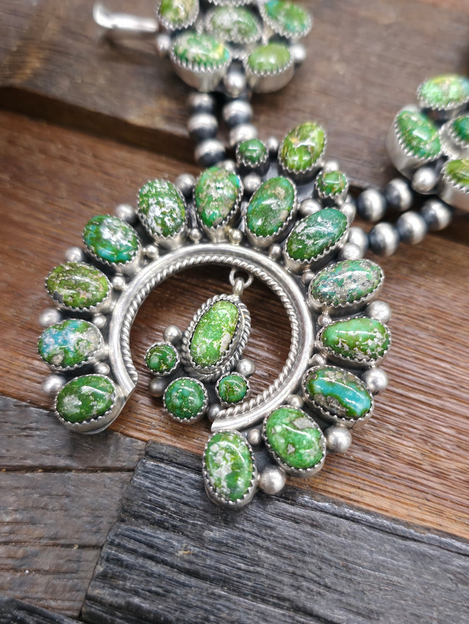 Sterling Silver Sonoran Turquoise Squash Blossom Necklace and Earring Set by Theresa Smith - 26 in.