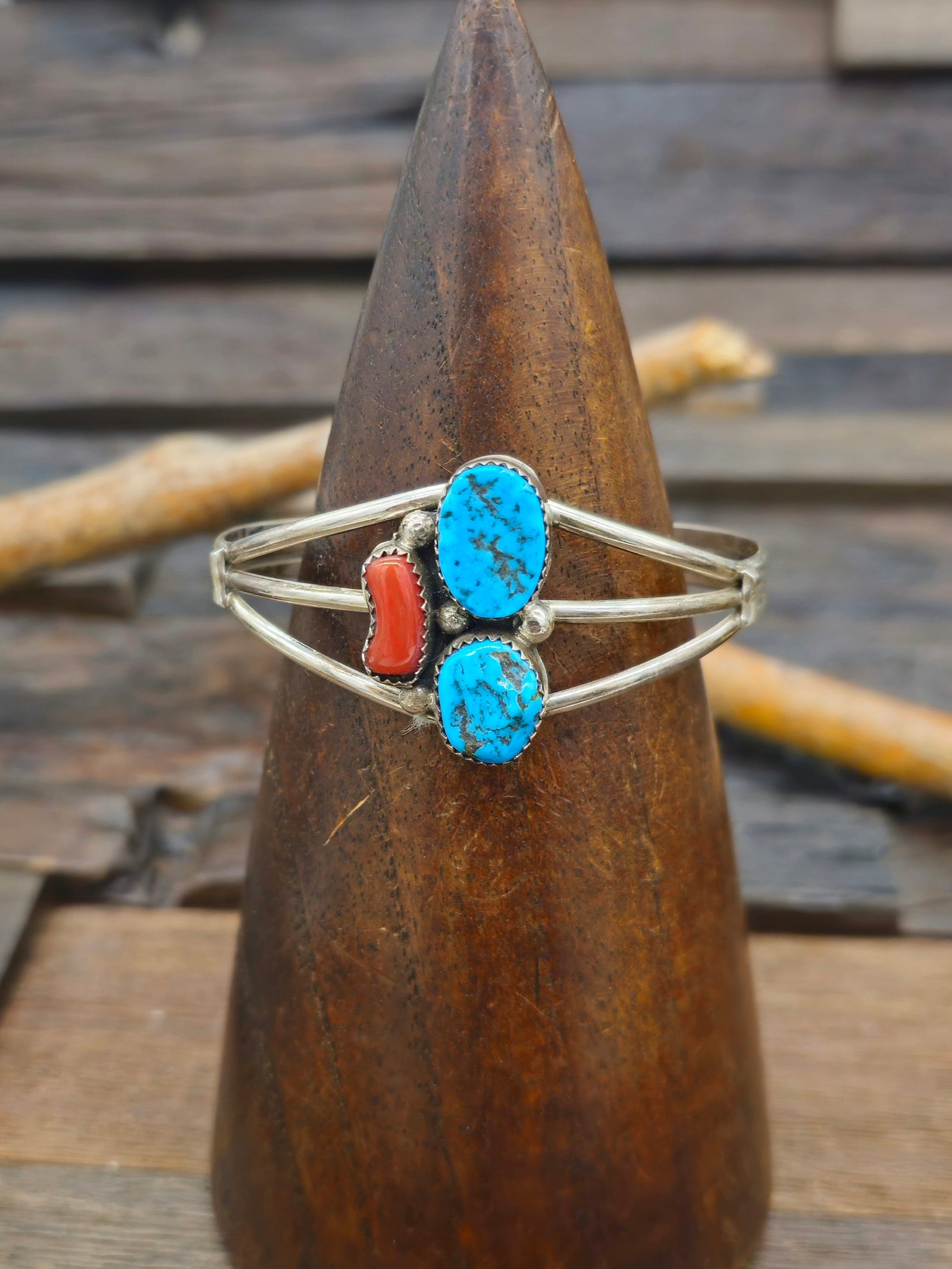 Turquoise and Coral Sterling Silver Cuff - 6 1/4 in.