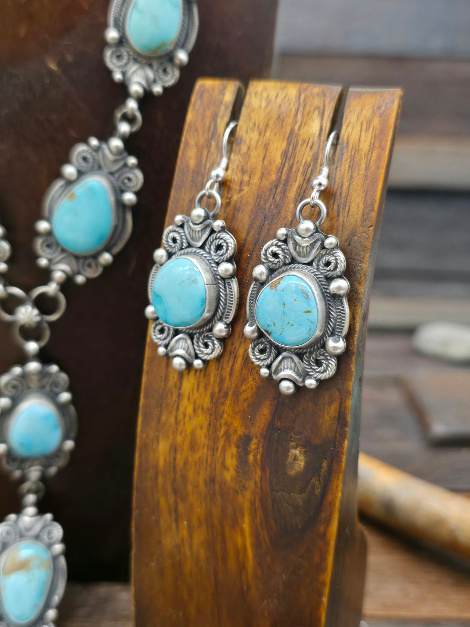 Sterling Silver Turquoise Lariat Necklace and Earring Set by Jackson Hoskie - 22 in.