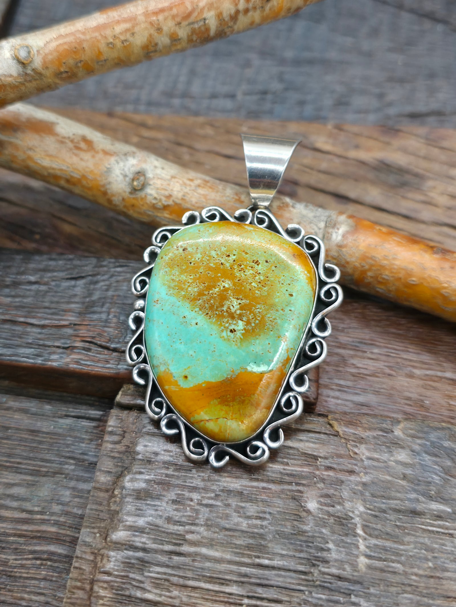 Chimney Butte Sterling Silver Green Turquoise Pendant - 2 1/2 in. by 1 1/2 in.