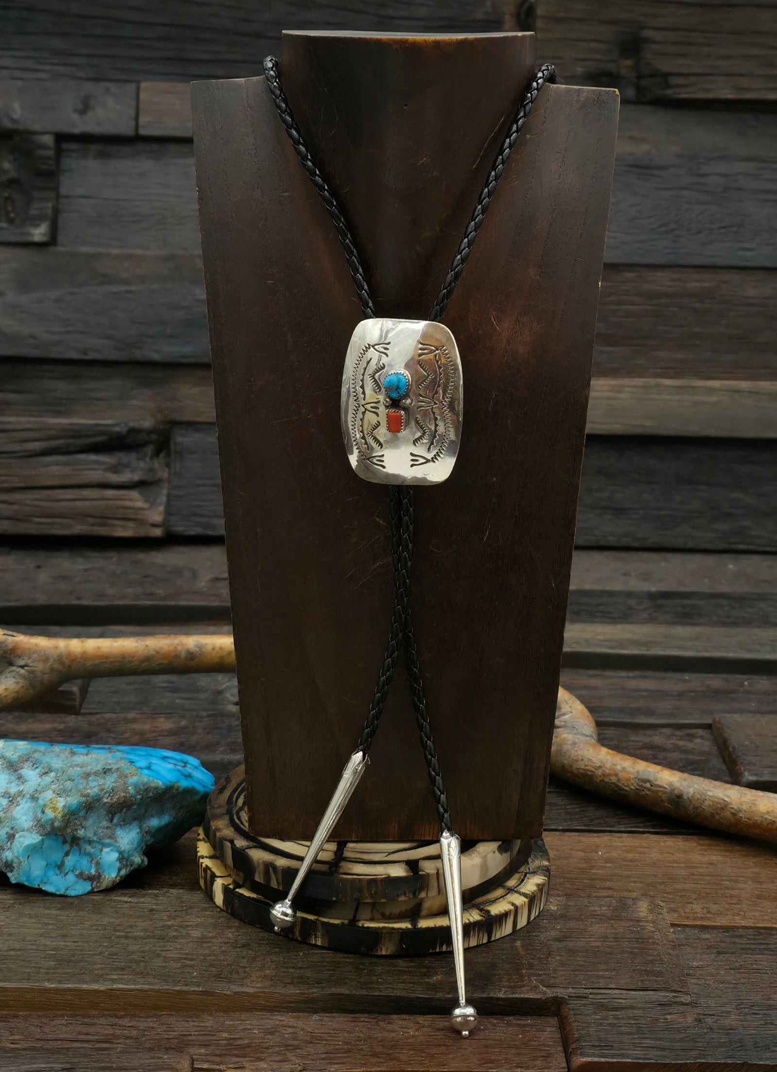 Stamped Sterling Silver Bolo with Coral and Turquoise by Joanne Silver