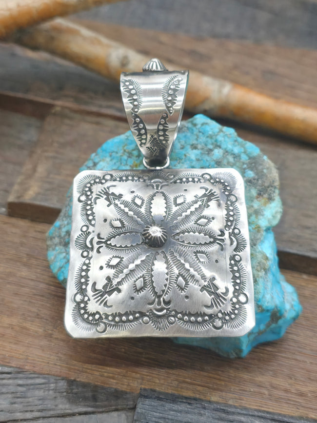 Large Stamped Sterling Silver Square Pendant by Vincent Platero -  3 1/4 in. by 2 1/4 in.