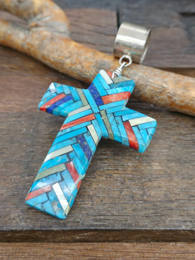 Large Mosaic Inlay Blue Turquoise Cross Pendant by Joe Reano