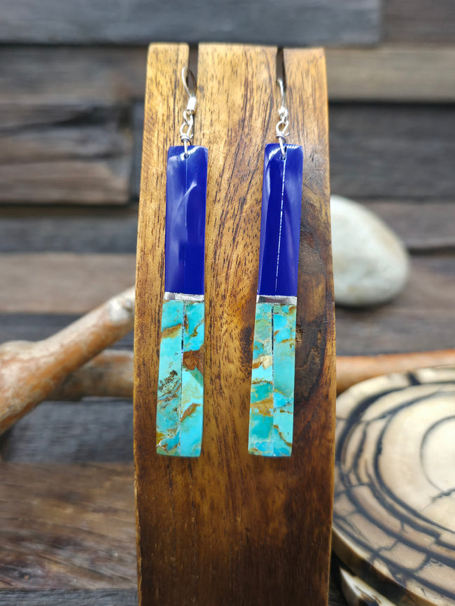 Sterling Silver Turquoise Lapis and Jet Mosaic Inlay Earrings by Veronica Tortalita - 3 1/2 in. by 3/8 in.