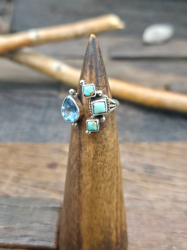 Sterling Silver Blue Topaz and Turquoise Wraparound Ring by Sheena Jack - Size 6