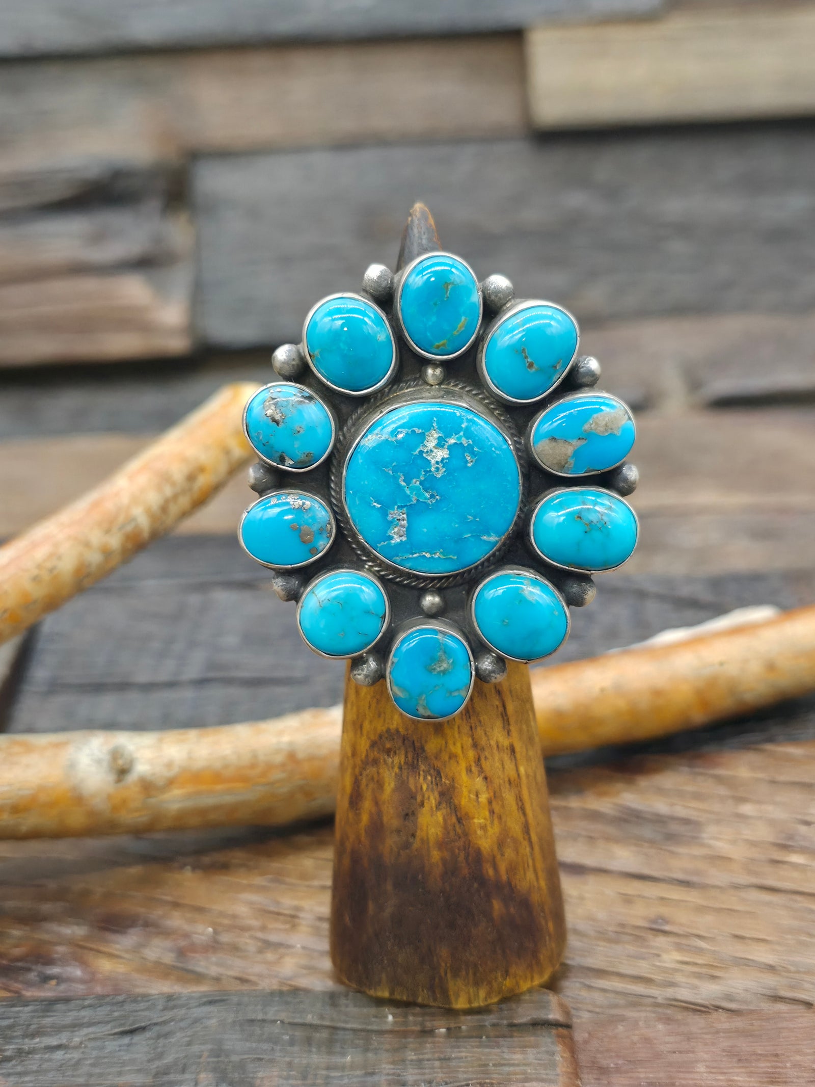 Sterling Silver Blue Turquoise Cluster Ring by Travis Jim - Size 8 1/2